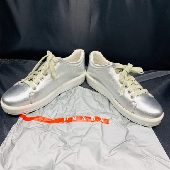 Silver metallic prada sneakers Clearance